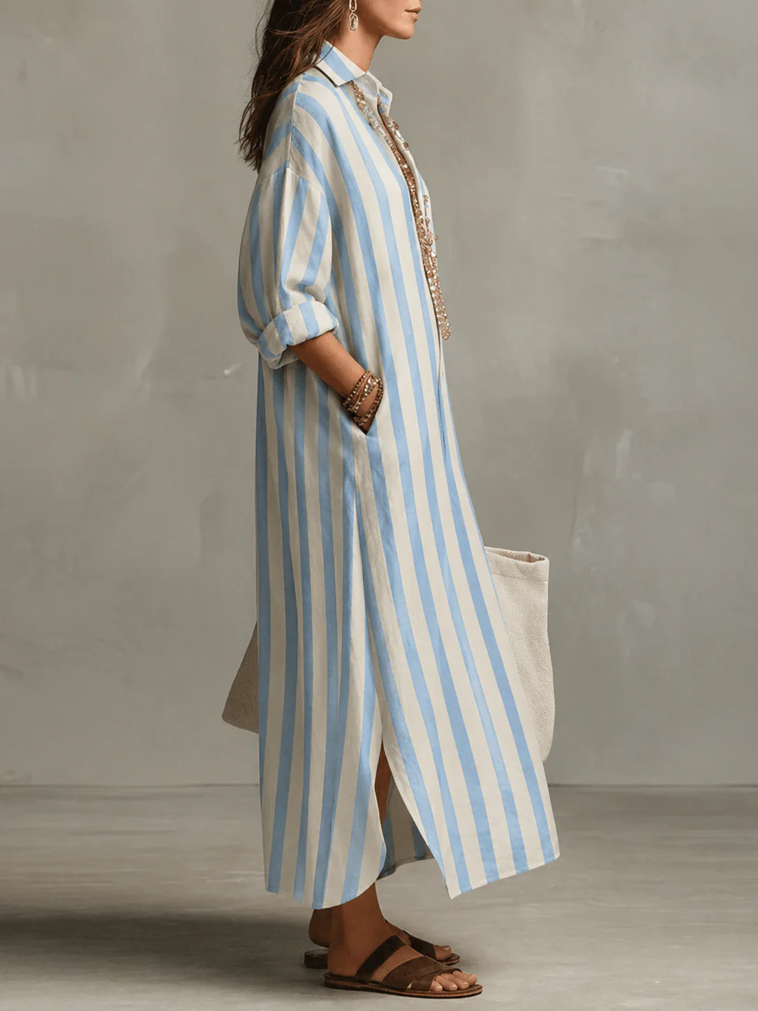 Una | Striped Long Sleeve Maxi Shirt Dress