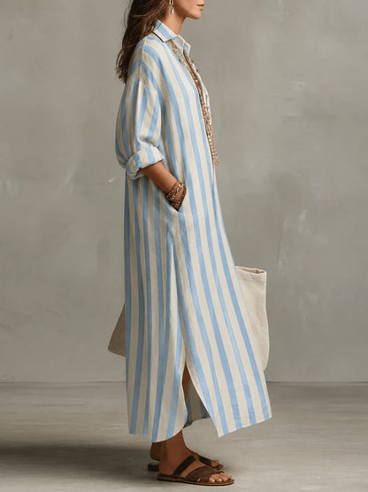 Una | Striped Long Sleeve Maxi Shirt Dress