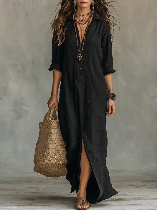 Lydia | Long Sleeve Maxi Shirt Black Dress